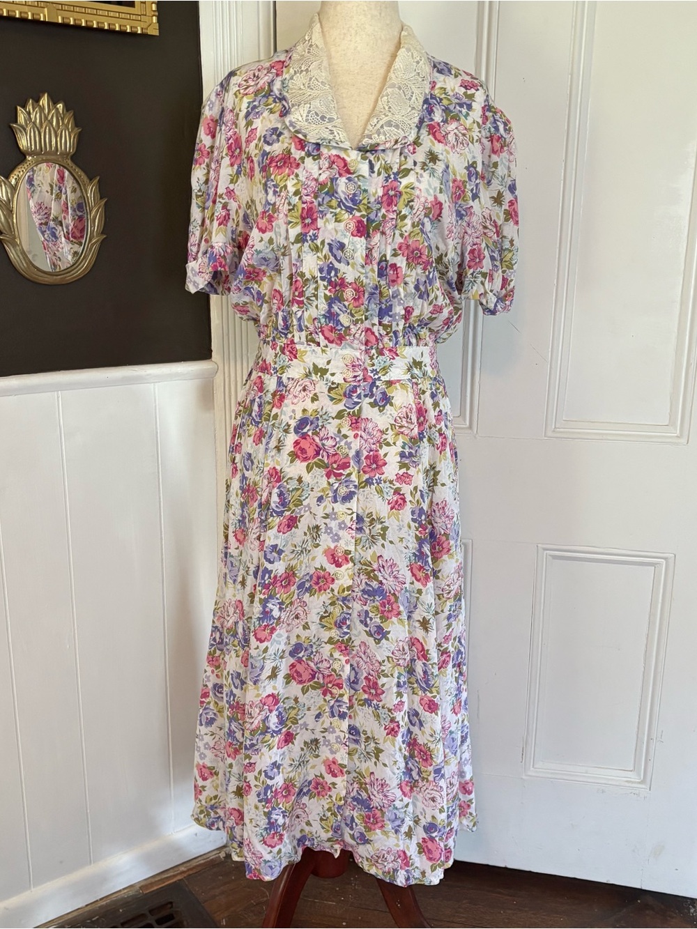 Vintage Karin Stevens Petite Floral Midi Dress Lace Collar Cottagecore Prairie